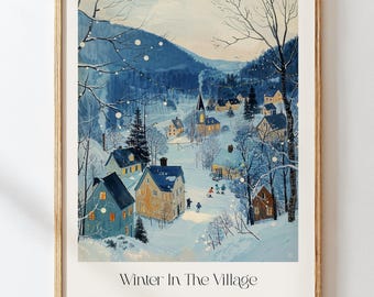 Winter Village Art Print – Cozy Snowy Town Wall Art, Christmas Home Decor, Nordic Winter Landscape Illustration