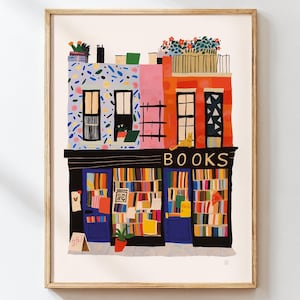 Presente para Amantes de Livros – Quadro Decorativo Aconchegante de Livraria, Ilustração de Livraria de Nova York, Decoração de Biblioteca, Arte para Cantinho de Leitura, Presente para Leitores