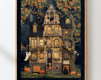 Straszny, nawiedzony dom, wydruk artystyczny, plakat z okazji Halloween w stylu wiktoriańskim, jesienna sztuka ścienna Cottagecore, dekoracja kuchni z dynią jesienią