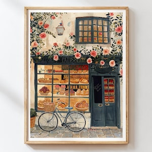 Può includere: Dipinto ad acquerello di una pasticceria francese con una bicicletta parcheggiata davanti. Il negozio è adornato di rose e presenta prodotti da forno. La parola "PATISSERIE" è sopra la vetrina.