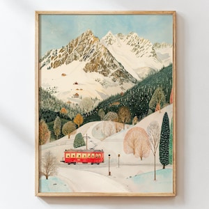 Winter Mountain Train Digital Art Print – Snowy Landscape Printable, Alpine Christmas Wall Art, Vintage Winter Travel Poster