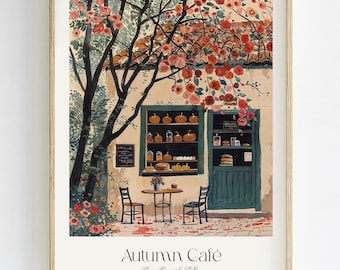 Pumpkin Cafe Art Print, Parisian Bakery Wall Art, Vintage Autumn Decor, French Kitchen Illustration, Fall Coffee Shop Poster