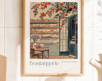 フランスのベーカリーデジタルアートプリント、水彩画のパン屋イラスト、パリのカフェの壁装飾、パリのスイーツキッチンアート