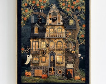 Haunted Halloween House Art – Digital Download, Spooky Autumn Wall Decor, Whimsical Illustration