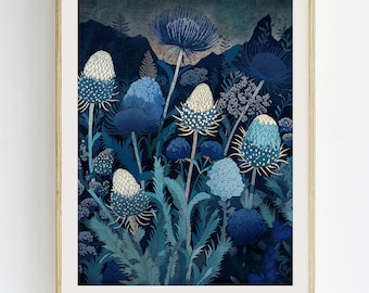 Blue Thistle Floral Art Print, Rustic Botanical Wall Art, William Morris Style, Woodcut style Kitchen Decor, Modern Floral Art Poster