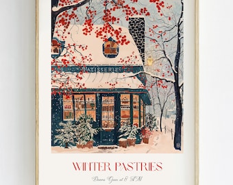 Cozy Patisserie Digital Art Print, Winter French Bakery Wall Art, Parisian Christmas Decor, Festive Holiday Cafe Scene