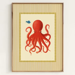 Lámina de pulpo para pared, decoración náutica para baño, ilustración de criatura marina costera, póster retro del océano, decoración marina para casa de playa