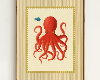 Octopus Wall Art Print – Nautical Bathroom Decor, Coastal Sea Creature Illustration, Retro Ocean Poster, Marine Decor for Beach House