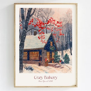 Impression d'art aquarelle boulangerie confortable - pâtisserie festive d'hiver, café français au moment de Noël, art mural de vacances de charme, décoration parisienne enneigée