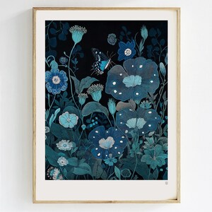 Blue Floral Rustic Art Print, Magic Botanical Wall Decor, Block Print Style Flower Print, Cottagecore Kitchen Art, Modern Rustic Home Decor