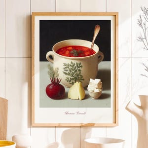 Impression d'art de bortsch ukrainien - illustration de nature morte de nourriture, art mural de cuisine, peinture de soupe traditionnelle