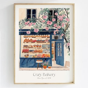Impressão de arte em aquarela de padaria francesa, arte de parede de café parisiense, pôster de padaria com flores de primavera, impressão francesa, arte em aquarela romântica de primavera