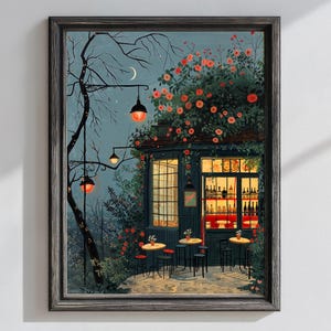 夢のようなバーアートプリント、居心地の良いカフェのイラスト、夜のバーの装飾、ロマンチックなパリのカフェアート、花柄のバーウィンドウプリント、ホームバーの装飾