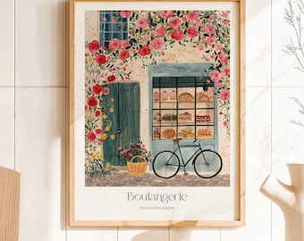 Cozy French Boulangerie Digital Art Print – Pink Watercolor Bakery Poster, Paris Cafe Wall Decor, Spring Romantic Art, Summer in France
