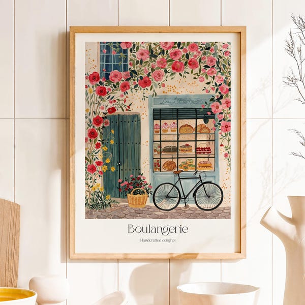 Cozy French Boulangerie Digital Art Print – Pink Watercolor Bakery Poster, Paris Cafe Wall Decor, Spring Romantic Art, Summer in France