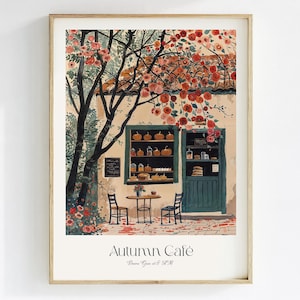Herbst Cafe Bäckerei Kunstdruck, Pariser Aquarell Lebensmittel Illustration, Vintage Französisch Kürbis Wanddekor, Herbst City Cafe Kunst Geschenk