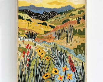 Yellow Meadow Landscape Wall Decor, Cottagecore Farmhouse Art Print, Sunshine Nature Wall Art, Rustic Home Decor, Butter Yellow Decor