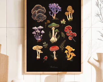 Paddenstoelen botanische kunstafdruk – vintage schimmel muurdecoratie, herfst botanische huiskunst, Cottagecore keuken muurkunst cadeau