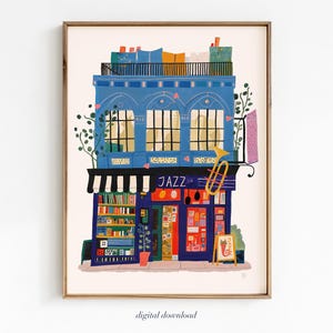 NYC Jazz Club PRINTABLE Art Print, Kolorowy plakat Music Café, Dekoracja ścienna Jazz Bar, Muzyczna sztuka miejska, Sztuka w domowym biurze, Prezent dla miłośników jazzu