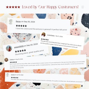 May include: A collage of customer reviews for a print shop. The reviews are positive and highlight the quality of the prints and the responsiveness of the shop owner. The reviews are displayed on a colorful background.