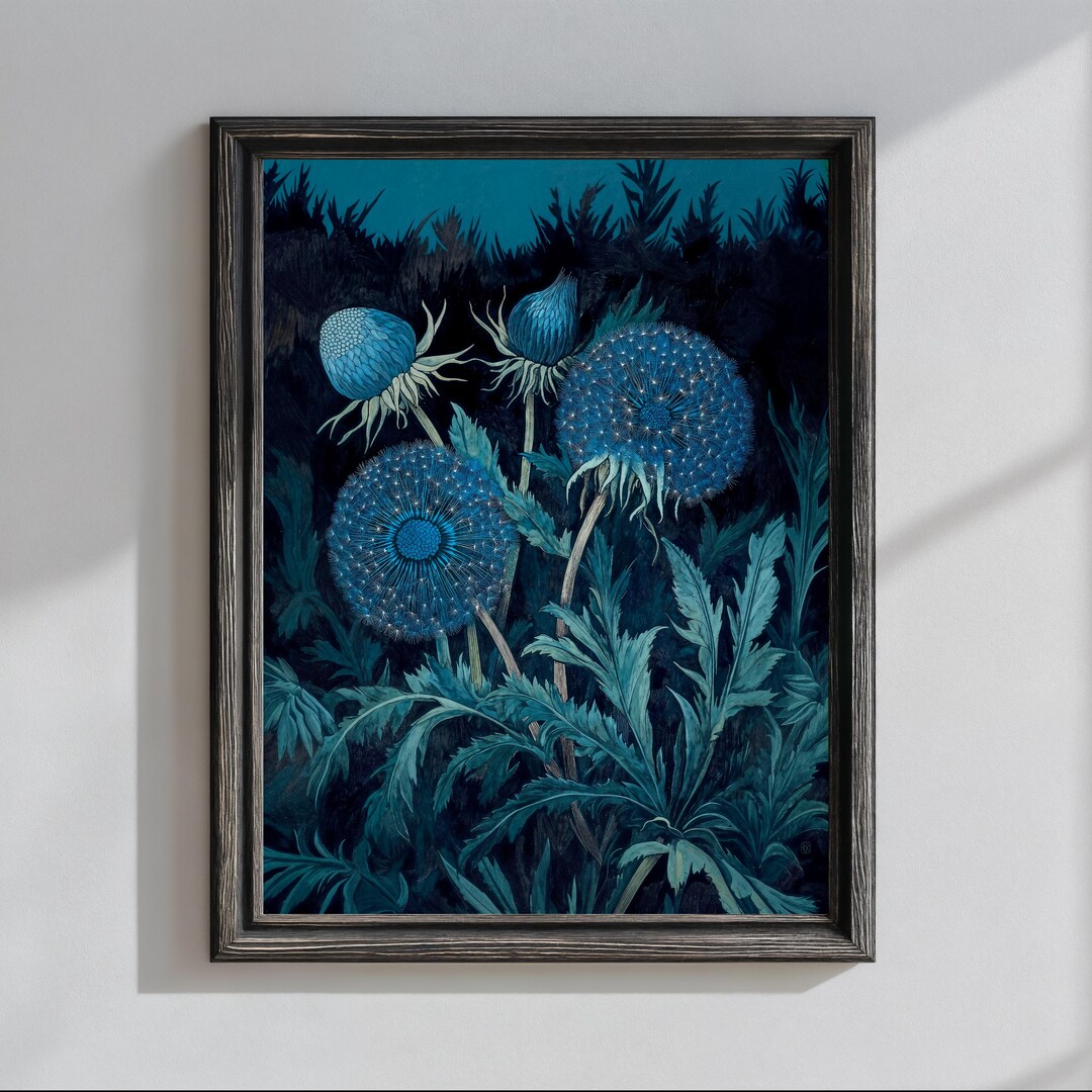 Moody Dandelion Botanical Art Print – Dark Floral Wall Art, Blue ...