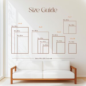 May include: A size guide graphic with various rectangular outlines labeled with dimensions in inches. The text "Size Guide" is at the top. A sofa, 99 inches (251.5 cm) wide, is shown below the guide.