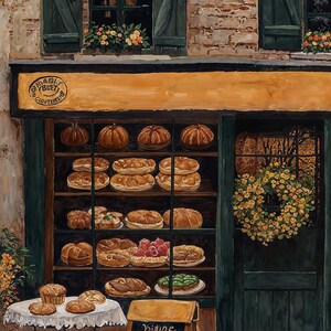 May include: A vintage-style painting of a bakery storefront with a sign that reads "Plank & Buell, Cloucester". The bakery window displays a variety of baked goods, including loaves of bread, pastries, and pumpkin-shaped breads. A wreath of yellow flowers hangs on the door.