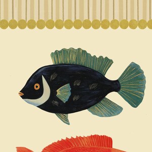 May include: Illustration of a black fish with teal fins and a white and black eye, set against a cream background. The fish is detailed with textured scales. A second red fish is partially visible below. The top has a decorative border.