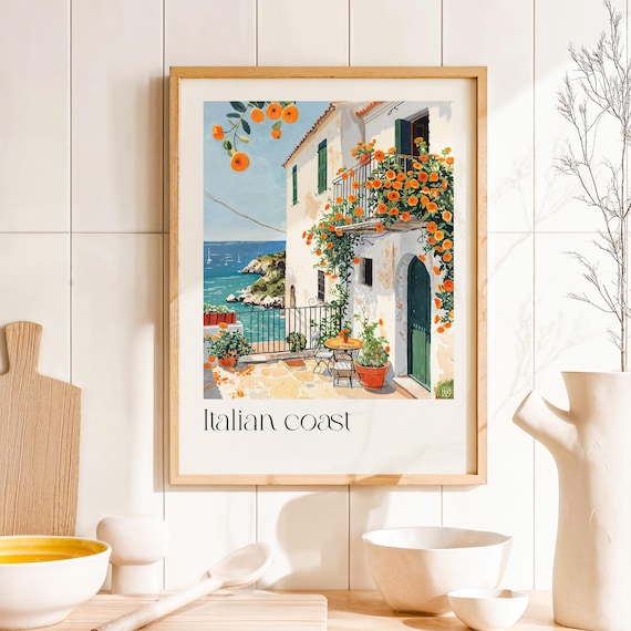 Italian Coast Watercolor Wall Art Print – Mediterranean Coastal Decor, Travel-Inspired Home Decor, Beach House Wall Art