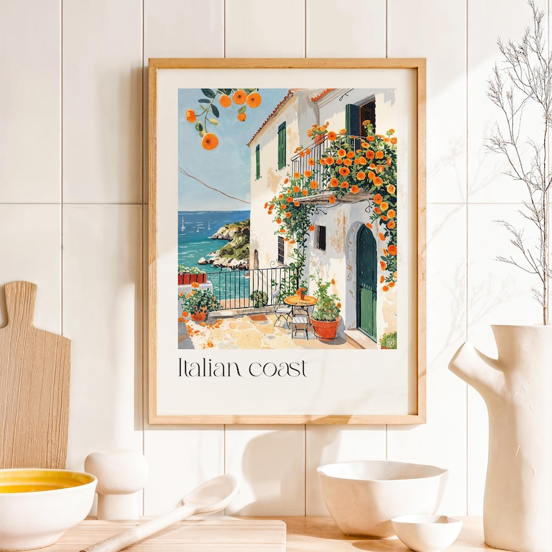 Italian Coast Watercolor Wall Art Print – Mediterranean Coastal Decor, Travel-Inspired Home Decor, Beach House Wall Art image 1