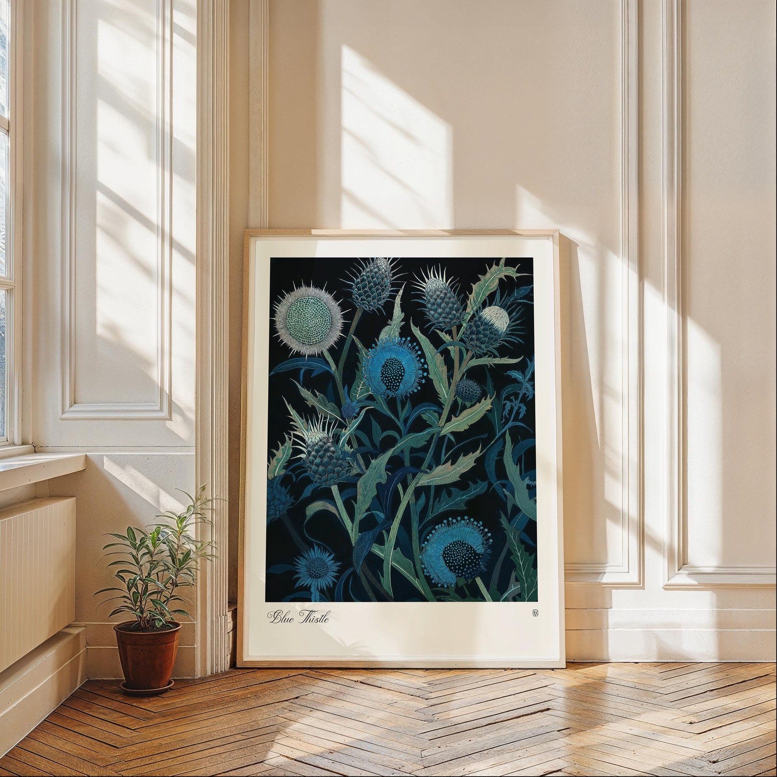 Blue Thistle Botanical Art Print Moody Floral Wall Art Dark blue-thistle-botanical-art-print-moody-floral-wall-art-dark