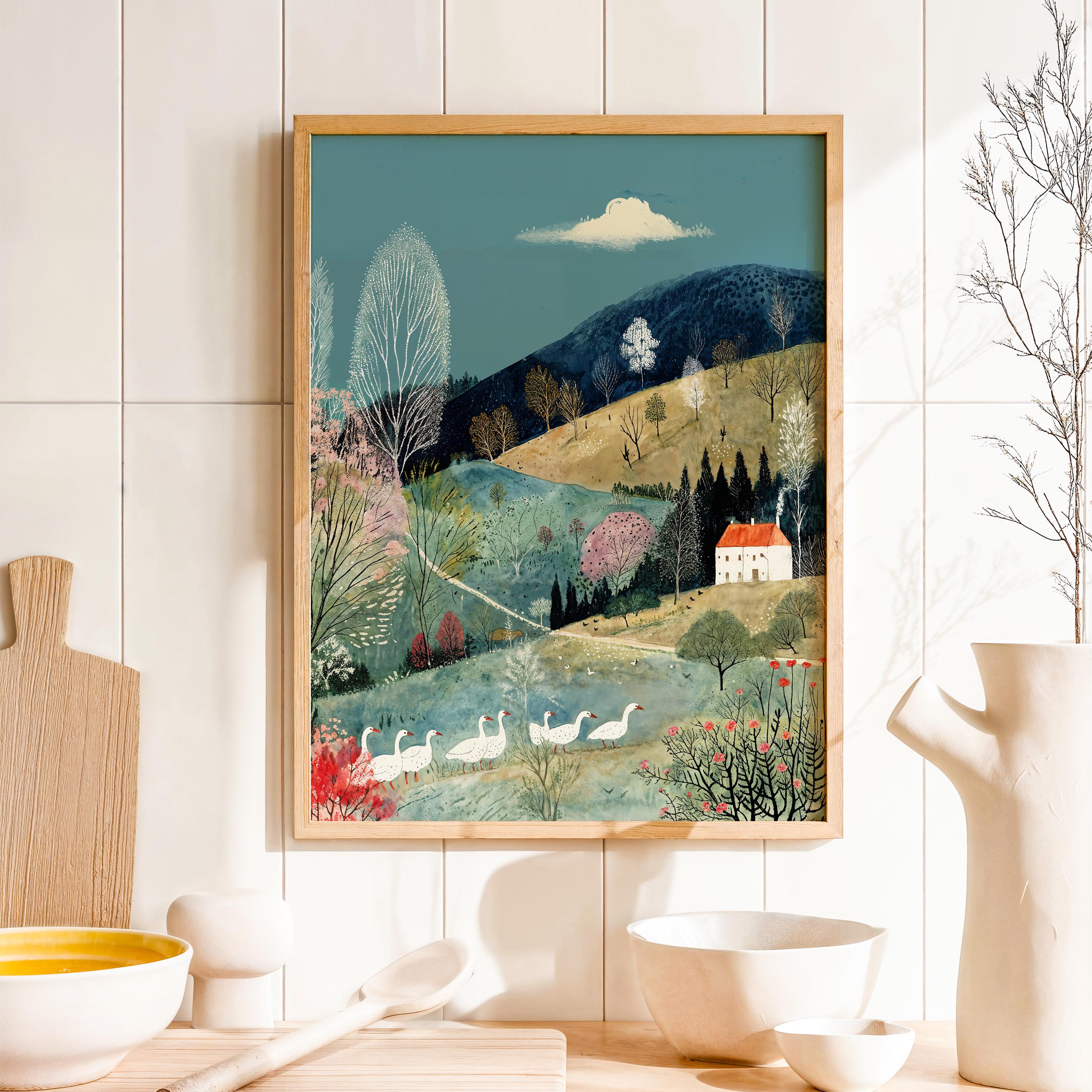 Cottagecore Landscape Art Print – Whimsical Countryside Wall Art, Goose ...