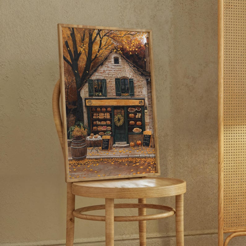 May include: A framed illustration of a quaint bakery storefront with a green door and windows filled with baked goods. The building is surrounded by autumn leaves and a large tree with yellow leaves.