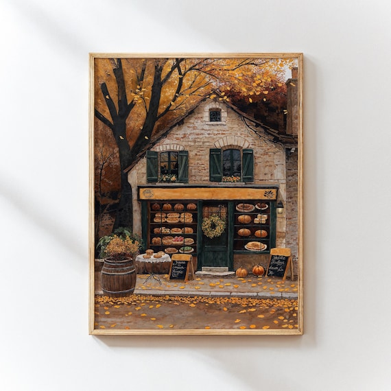 Fall Cafe Art Print, Autumn in New York Wall Decor, Fall Coffee Shop Printable Download, Thanksgiving Home Decor NYC, Warm Tones Digital Art