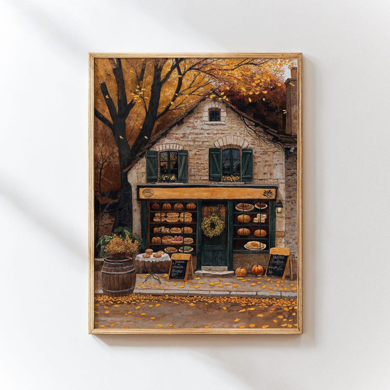 Fall Cafe Art Print, Autumn in New York Wall Decor, Fall Coffee Shop Printable Download, Thanksgiving Home Decor NYC, Warm Tones Digital Art image 1
