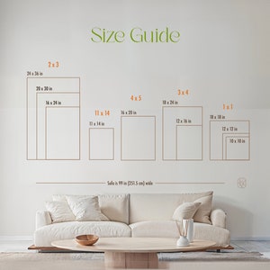 May include: A size guide for wall art prints, showing different sizes and dimensions in inches. The guide includes a sofa for scale, which is 99 inches wide.