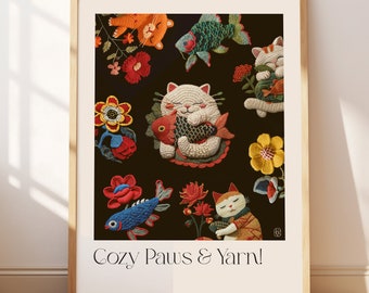Crocheted Cats Art Print - Handmade Pet Illustration, Whimsical Wall Decor, Cat Lover Gift, Crochet Art Gift, Nursery Decor, Adorable animal