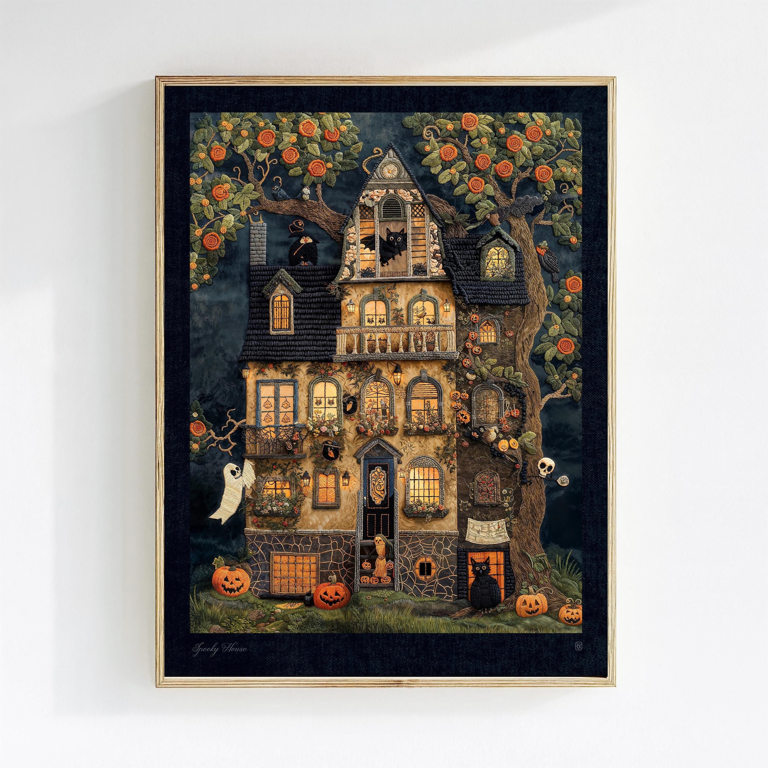 Spooky Haunted House Art Print, Victorian Halloween Poster, Cottagecore Fall Wall Art, Pumpkin Autumn Kitchen Decor