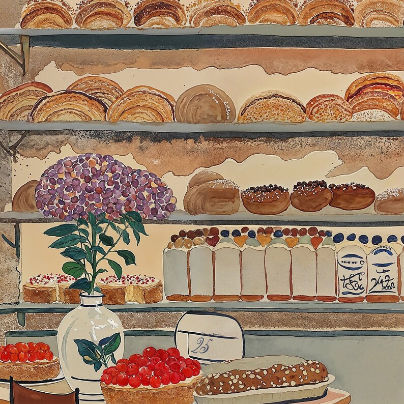 Zoomed part of the poster. French Boulangerie Art Print, Cafe Wall Decor, Bakery Watercolor Illustration, Sweets Food Art