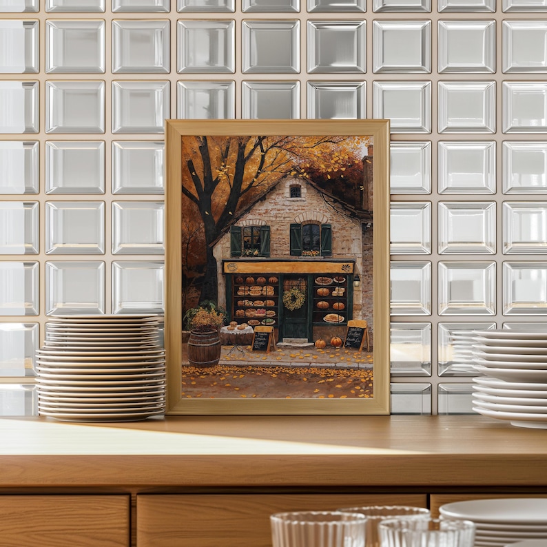 May include: A framed illustration of a bakery storefront with a green door and windows displaying baked goods. The bakery is surrounded by autumn leaves and a tree with orange leaves. The storefront has a sign that reads "Boulangerie".
