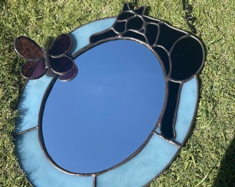 Stained Glass Cat Mirror with 3D Butterfly