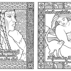 Peut inclure: Deux pages &agrave; colorier en noir et blanc avec des citations inspirantes. La premi&egrave;re page repr&eacute;sente une femme aux longues tresses avec la citation "Elle croyait qu'elle pouvait, alors elle l'a fait". La deuxi&egrave;me page repr&eacute;sente une femme aux cheveux longs tenant un chat avec la citation "Ne pousse pas la rivi&egrave;re, elle coule d'elle-m&ecirc;me."