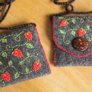 Hand-Embroidered Strawberry Felt Treasure Pouch - Vegan