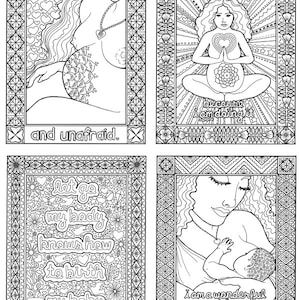 Peut inclure: Quatre illustrations en noir et blanc de femmes enceintes avec du texte inspirant. La premi&egrave;re image montre une femme se tenant le ventre avec le texte "Je suis forte et sans peur." La deuxi&egrave;me image montre une femme m&eacute;ditant avec le texte "Je peux le faire parce que je le fais." La troisi&egrave;me image montre une femme avec le texte "L&acirc;che prise, mon corps sait comment donner naissance &agrave; mon b&eacute;b&eacute;." La quatri&egrave;me image montre une femme tenant un b&eacute;b&eacute; avec le texte "Je suis une m&egrave;re formidable."