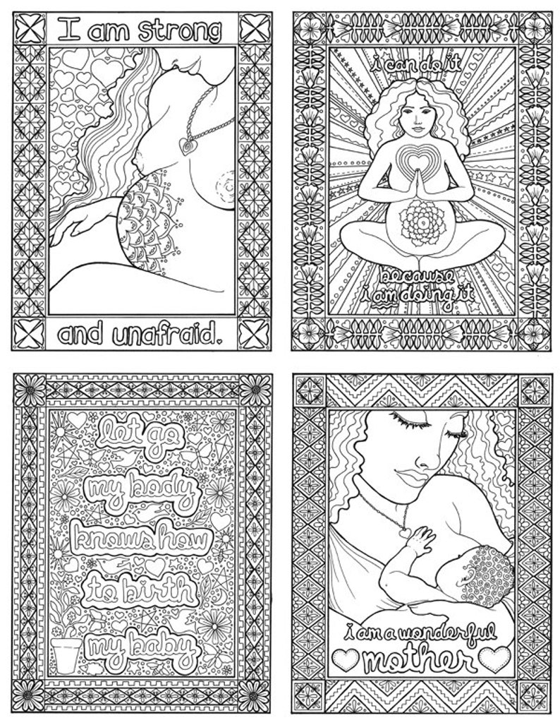 Peut inclure: Quatre illustrations en noir et blanc de femmes enceintes avec du texte inspirant. La premi&egrave;re image montre une femme se tenant le ventre avec le texte "Je suis forte et sans peur." La deuxi&egrave;me image montre une femme m&eacute;ditant avec le texte "Je peux le faire parce que je le fais." La troisi&egrave;me image montre une femme avec le texte "L&acirc;che prise, mon corps sait comment donner naissance &agrave; mon b&eacute;b&eacute;." La quatri&egrave;me image montre une femme tenant un b&eacute;b&eacute; avec le texte "Je suis une m&egrave;re formidable."