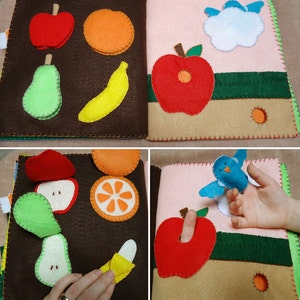 May include: A felt book for children with pages featuring different fruits and vegetables. The book has a red apple, a green pear, a yellow banana, an orange, and a blue bird.