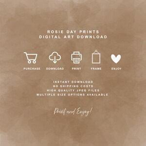 Puede incluir: Anuncio de descarga de arte digital con el texto "Rosie Day Prints" y "Digital Art Download". Incluye iconos para comprar, descargar, imprimir, enmarcar y disfrutar. Texto adicional indica "Descarga instant&aacute;nea", "Archivos JPEG de alta calidad" y "M&uacute;ltiples opciones de tama&ntilde;o".