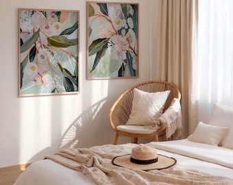 Set of Two Abstract Native Flora Art Prints, Floral Decor, Peach and Green Tones, Digital Download (P284)