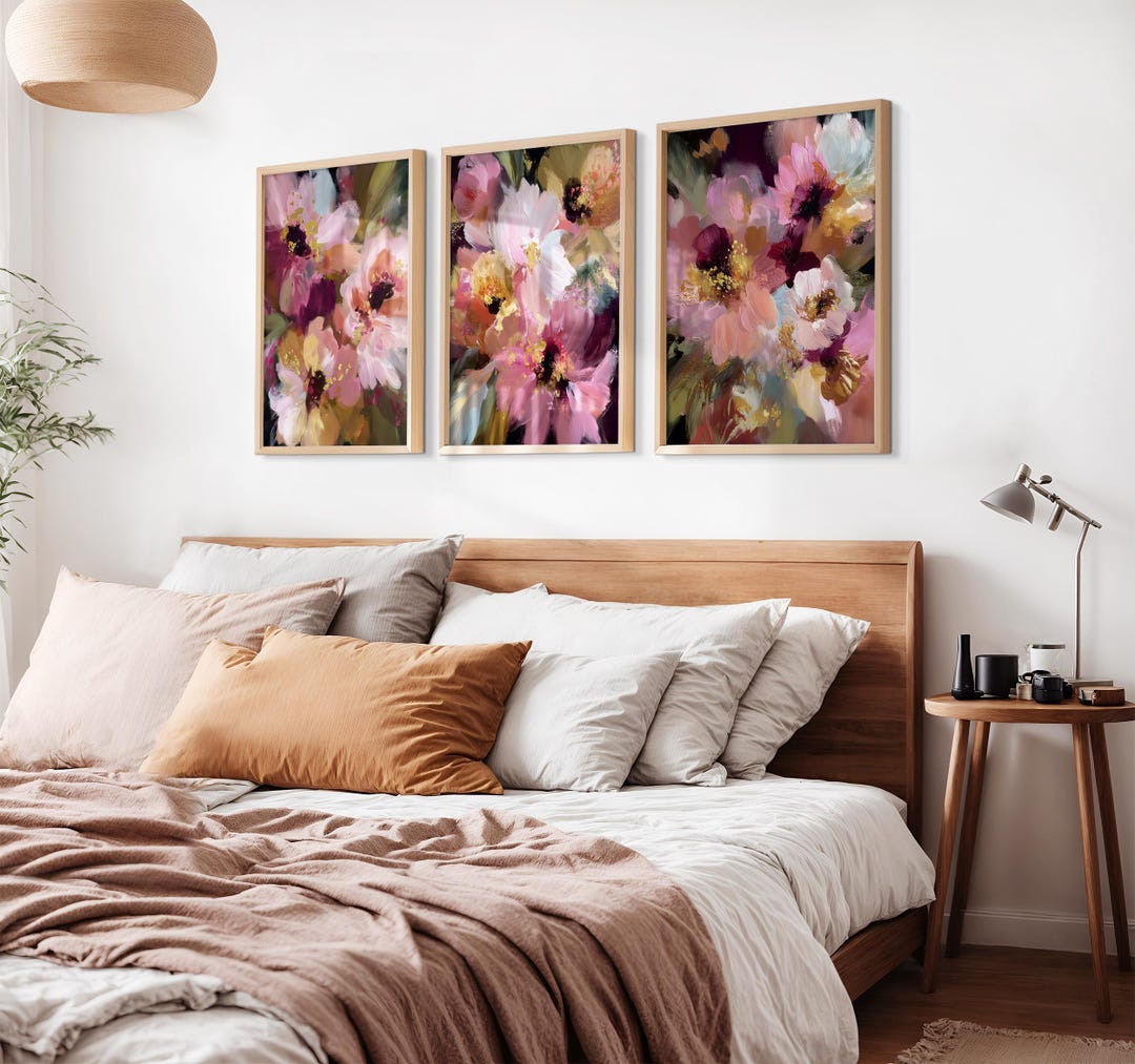 Abstract Floral Art Print Set of 3 – Blush Pink, Burgundy & Gold Wall ...