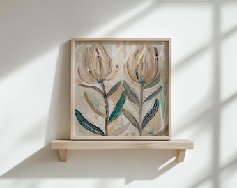 May include: A framed print of a painting featuring two stylized beige flowers with green leaves on a beige background.